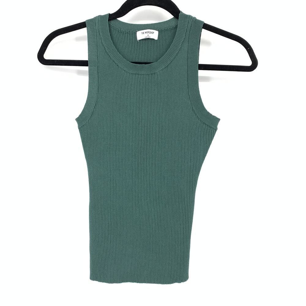 The Workshop Ribbed Tank Top Green Sleeveless Fitted Basic Womens Sz M